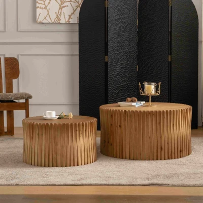 Vintage Cylindrical Nesting Coffee Table Set with Vertical Textured Embossed Design, Natural