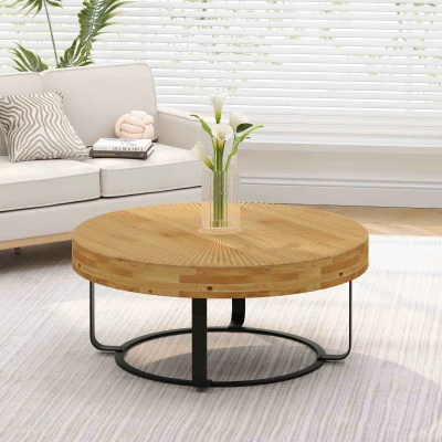 Modern Round Coffee Table with Carved Pine Top and Metal Legs, Natural+Black