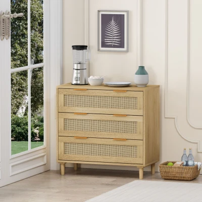 31.5" Rattan Storage Cabinet with 3 Drawers, Oak