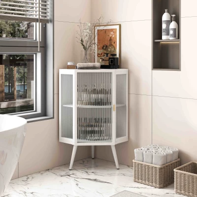 22.25" Floor Corner Cabinet with Tempered Glass Door, White