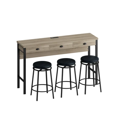 3-Drawer Long Dining Table Set with Power Outlets, Black