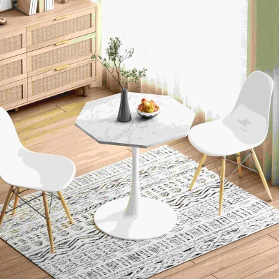 31.5" Modern Octagonal Coffee Table with Printed White Marble Table Top, White Marble