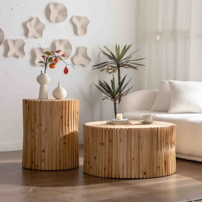 Retro Cylindrical Coffee Table Set of 2 with Vertical Texture Relief Design, Natural