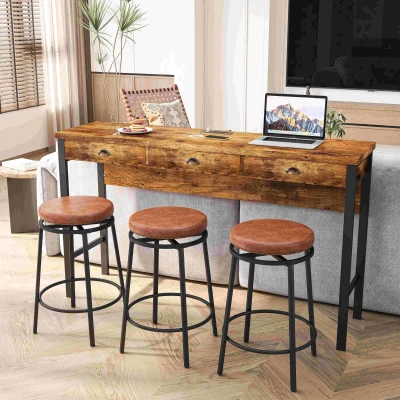 3-Drawer Long Dining Table Set with Power Outlets, Brown