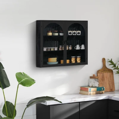27.56" Modern Two-Door Wall Cabinet with Glass Doors, Black