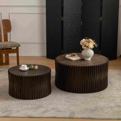 Vintage Cylindrical Nesting Coffee Table Set with Vertical Textured Embossed Design, Dark Brown