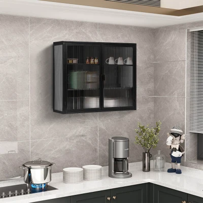 27.56" Modern Two-Door Wall Cabinet with Three-Tier Storage, Black