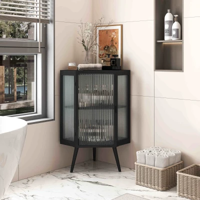 22.25" Floor Corner Cabinet with Tempered Glass Door & Storage Shelves for Bathroom, Black