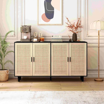 Elegant 4-Door Rattan Storage Cabinet, Black