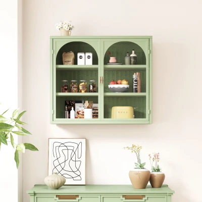 27.56" Glass Doors Modern Two-Door Wall Cabinet with Three-Tier Storage, Green