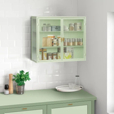 27.56" Glass Doors Modern Two-Door Wall Cabinet with Three-Tier Storage for Entryway, Mint Green