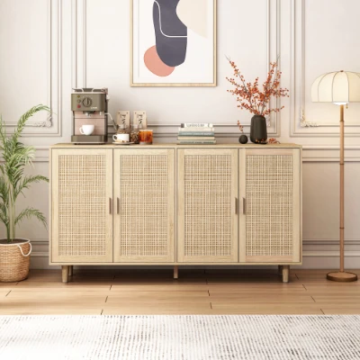 Elegant 4-Door Rattan Storage Cabinet, Natural