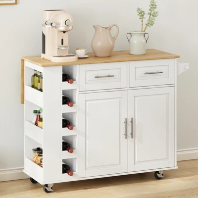 Multi-Functional Kitchen Island Cart with 2 Door Cabinet, White