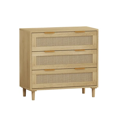 31.5" Rattan Storage Cabinet with 3 Drawers, Oak