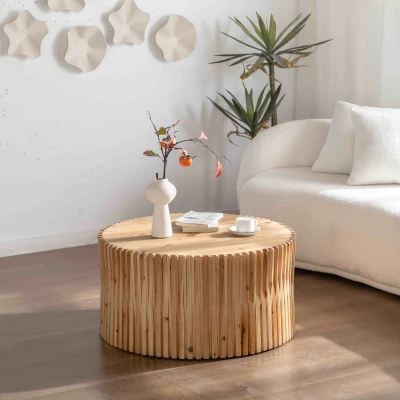 31.5" Retro Cylindrical Coffee Table with Vertical Texture Relief Design, Natural