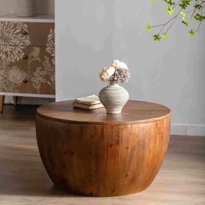 31.5" Vintage Style Bucket Shaped Coffee Table with Storage Function for Office, Brown