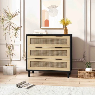 31.5" Rattan Storage Cabinet with 3 Drawers, Black