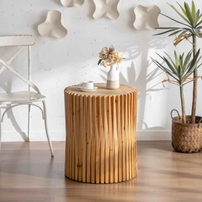 Retro Cylindrical Coffee Table with Vertical Texture Relief Design, Natural