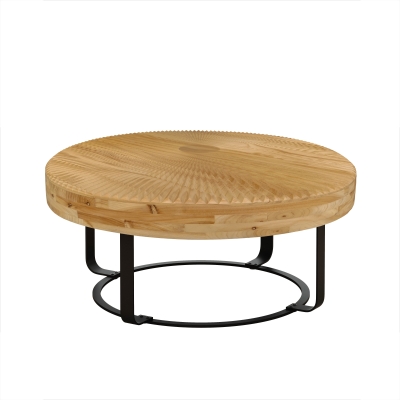 Modern Round Coffee Table with Carved Pine Top and Metal Legs, Natural+Black