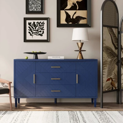 Stylish 2-Door 3-Drawer Cabinet with Carved Effect, Navy Blue