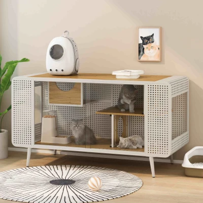 Spacious Cat House with Tempered Glass, White
