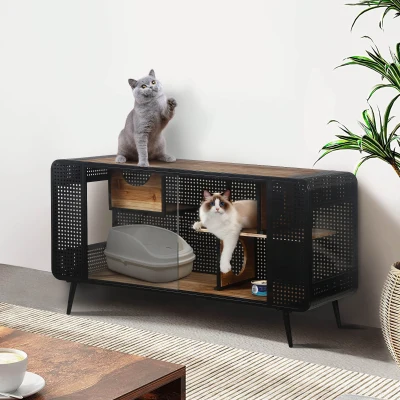 Spacious Cat House with Tempered Glass, Black+Brown