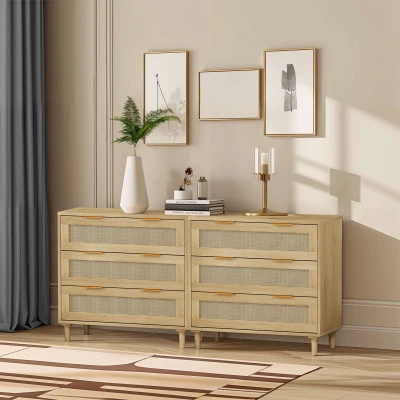 3-Drawer Rattan Storage Cabinet Set of 2, Oak