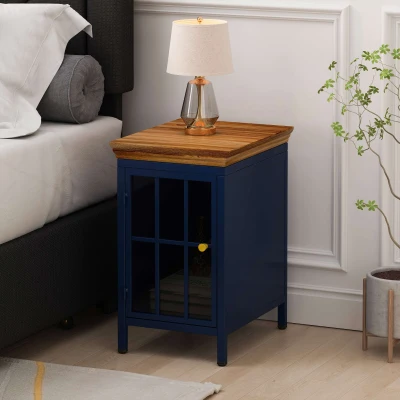 Nightstand with Storage Cabinet & Solid Wood Tabletop, Blue