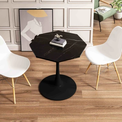 31.5" Modern Octagonal Coffee Table with Printed Black Marble Table Top, marble