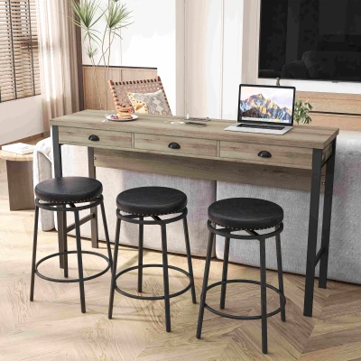 3-Drawer Long Dining Table Set with Power Outlets, Black