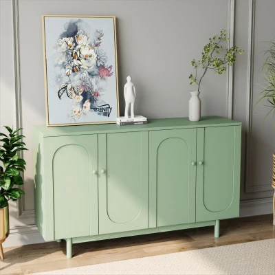 4-Door Intaglio Storage Cabinet with Pine Legs, Mint Green