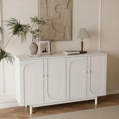 Stylish 4-Door Intaglio Storage Cabinet with Pine Legs, White