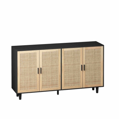 Elegant 4-Door Rattan Storage Cabinet, Black