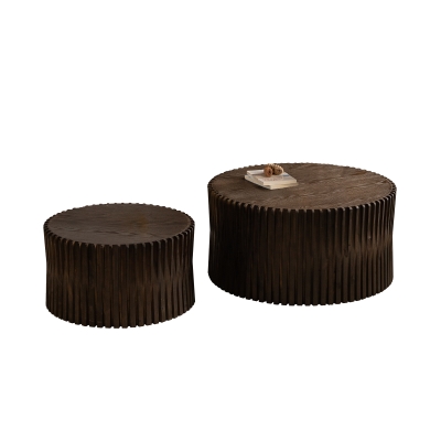 Vintage Cylindrical Nesting Coffee Table Set with Vertical Textured Embossed Design, Dark Brown