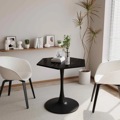 31.5" Modern Hexagonal Coffee Table with Printed Black Marble Top, Black