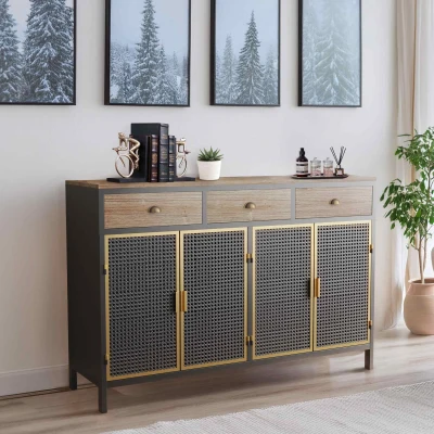 48" Wide Modern Sideboard with 4 Doors and 3 Top Drawers, Dark Gray