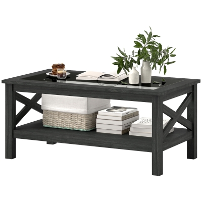 HOMCOM Coffee Table with Glass Top, Wood Frame & Storage Shelf, Black