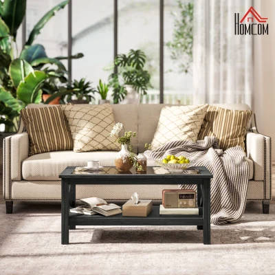 HOMCOM Coffee Table with Glass Top, Wood Frame & Storage Shelf, Black