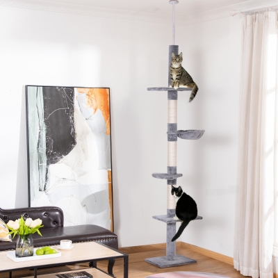 PawHut 8.5ft Cat Climbing Tree 5-Tier Cat Activity Center Floor-to-Ceiling Cat Climber Toy with Scratching Post Play Rest Post Pet Furniture Grey