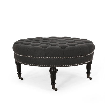 Ottoman with Casters and Birch Wood Legs, Dark Gray