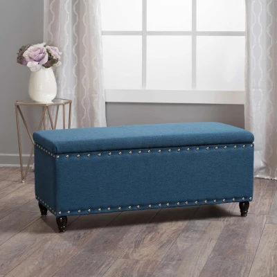 Fabric Storage Ottoman Bench with Solid Wood Construction, Navy Blue