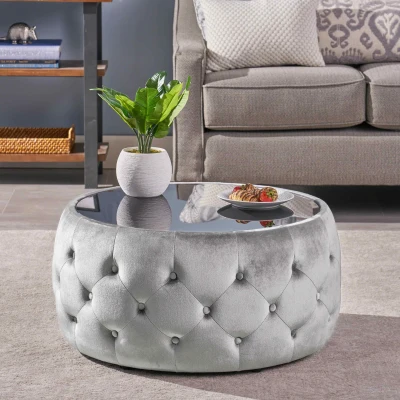Velvet Ottoman with Cushioned Top, Smoke