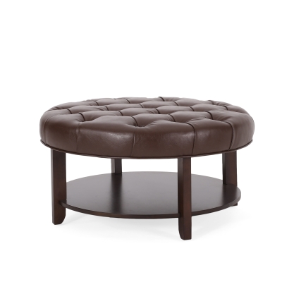 Round Ottoman with Faux Leather Upholstery, Dark Brown