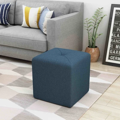 Modern Fabric Ottoman with Cushioned Top, Navy Blue