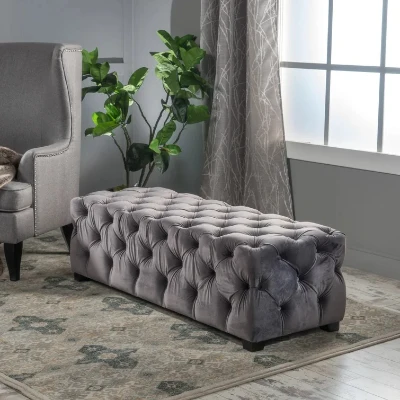 Contemporary Glam Rectangle Padded Ottoman with Cushioned Top, Grey