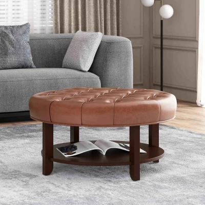 Round Ottoman with Faux Leather Upholstery, Light Brown