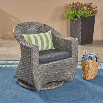 Modern Wicker Patio Chair with Water-Resistant Cushions, Grey+Black