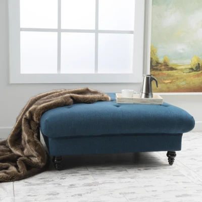 Tufted Ottoman with Upholstered Polyester Blend, Navy Blue