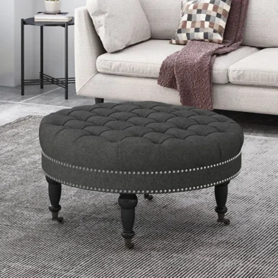 Ottoman with Casters and Birch Wood Legs, Dark Gray