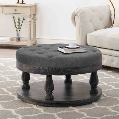 Round Ottoman with Cushioned Top, Charcoal